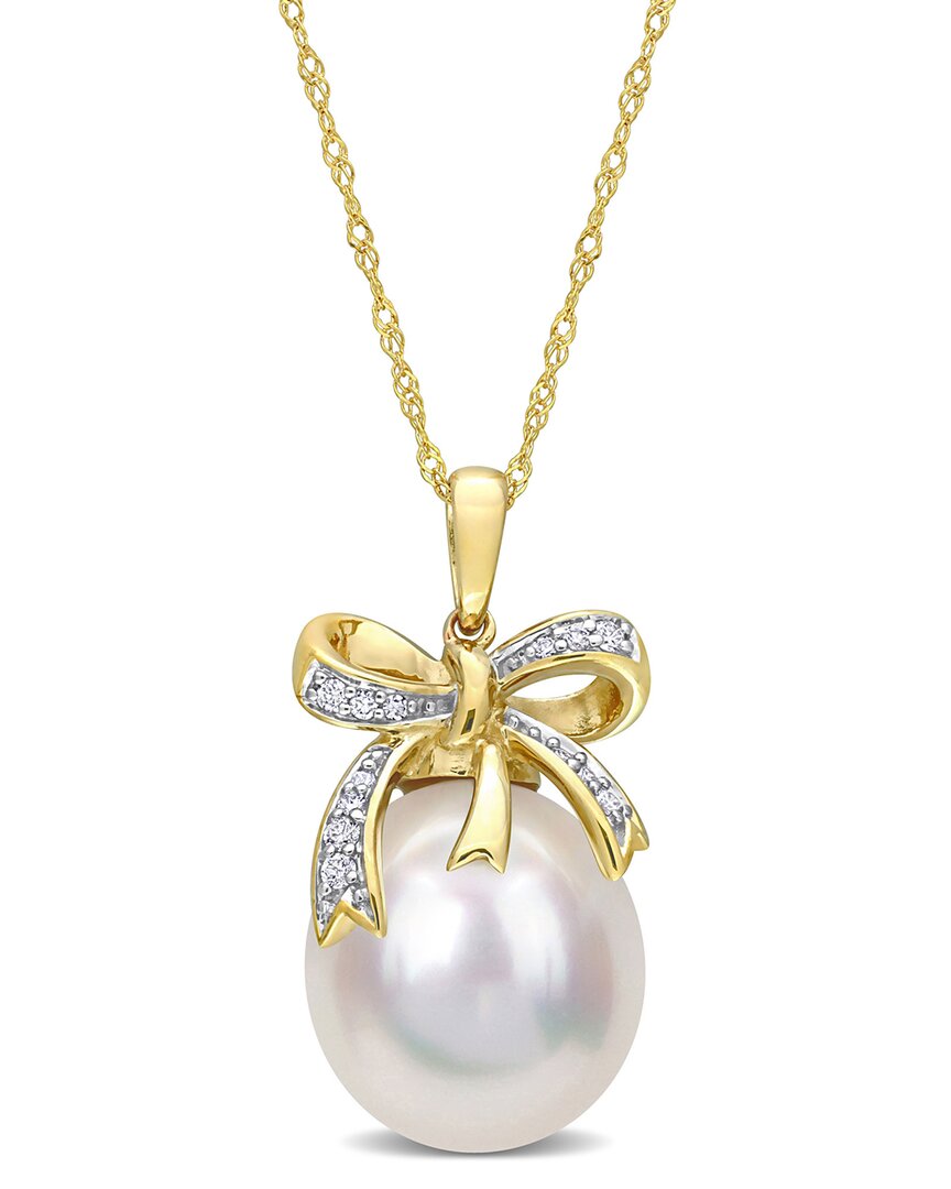 Rina Limor 10k Diamond 12-12.5mm Pearl Bow Pendant Necklace