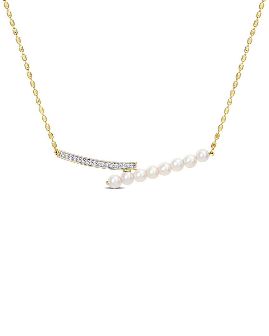 Rina Limor Gold Over Silver 0.18 Ct. Tw. White Topaz 4-4.5mm Pearl Necklace