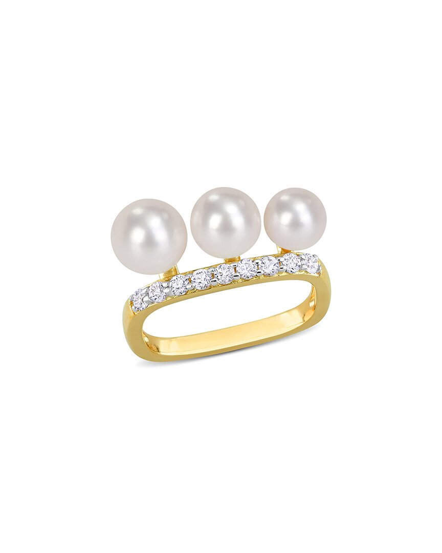 Rina Limor Gold Over Silver 0.41 Ct. Tw. White Topaz 6-7.5mm Pearl Ring In Brown
