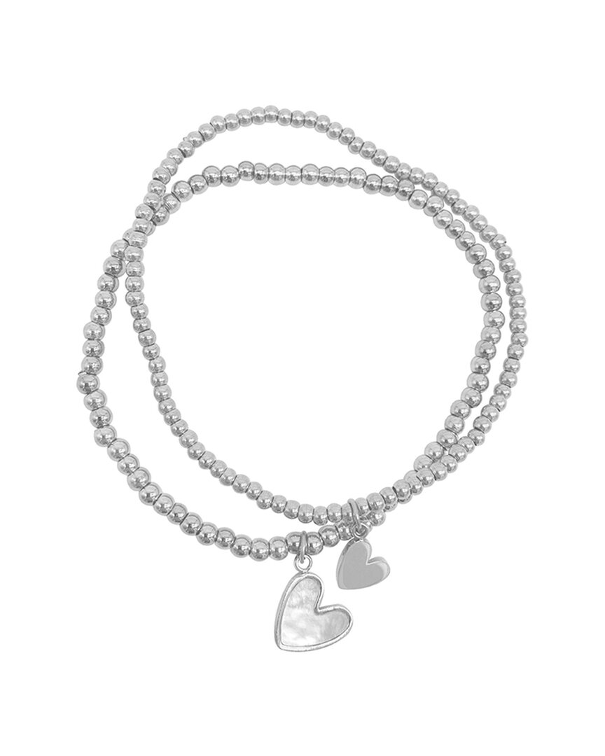 Adornia Tarnish Resistant Silver Plated Set Of Heart Ball Bracelets With Mother Of Pearl