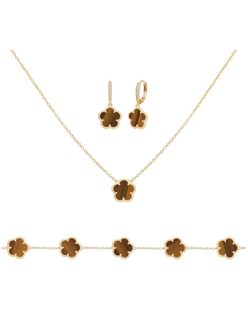 Jankuo Flower 14k Tiger Eye Cz Earrings, Bracelet & Necklace Set