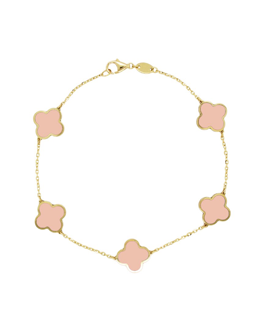 Italian Gold 14k Light Pink Agate Clover Stackable Bracelet