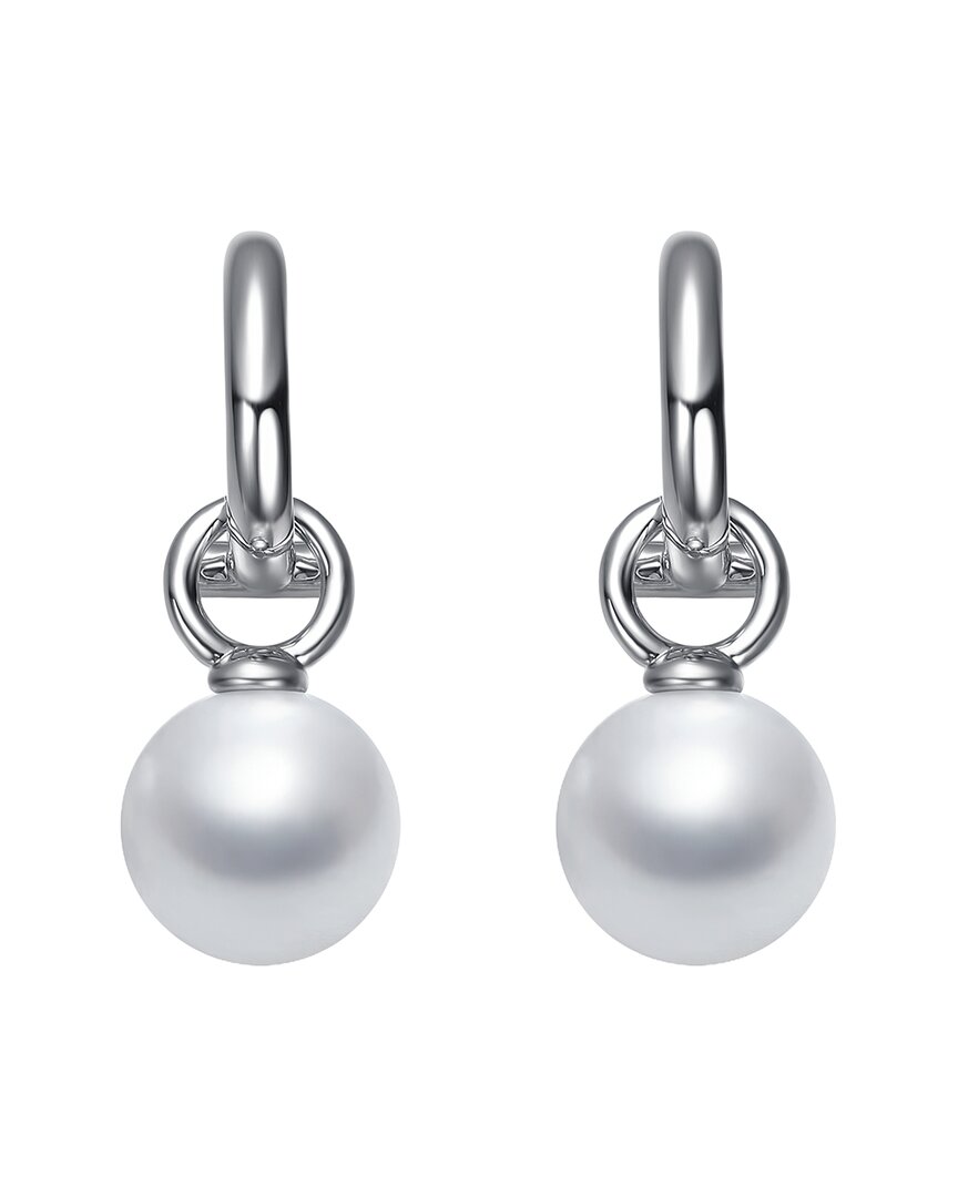 Rachel Glauber White Gold Plated With Round Pearl Huggie Drop Earrings