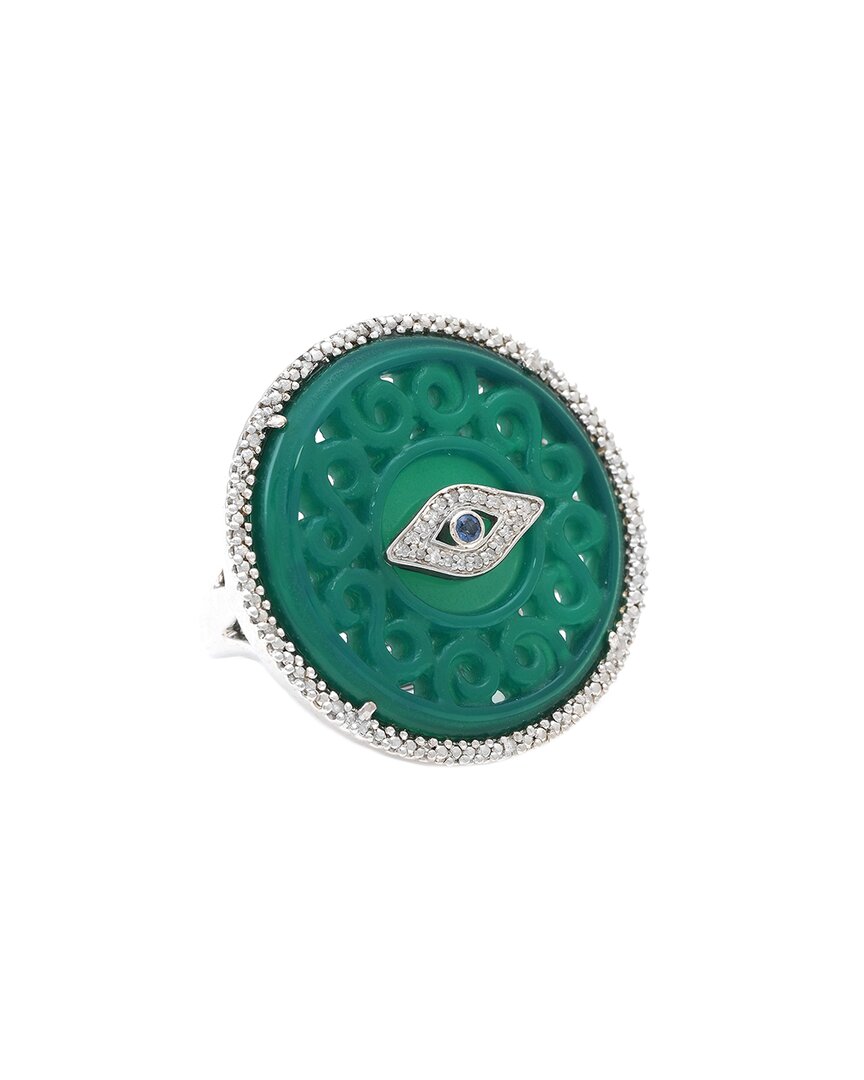 Gemstones Silver 0.11 Ct. Tw. Diamond & Green Agate Evil Eye Ring