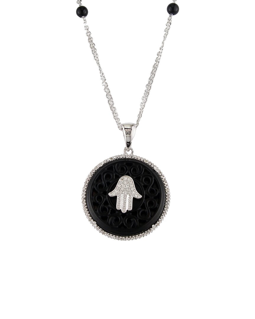 Gemstones Silver 0.11 Ct. Tw. Diamond & Black Agate Hamsa Necklace
