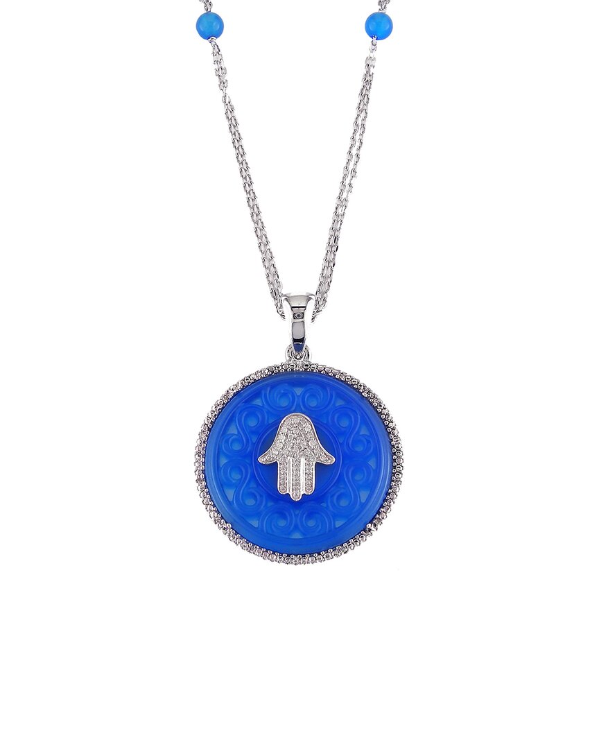 Gemstones Silver 0.11 Ct. Tw. Diamond & Blue Agate Hamsa Necklace