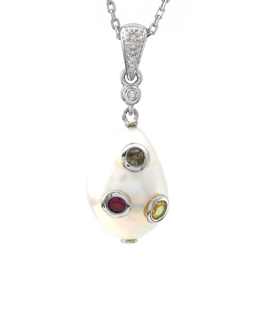 Gemstones Silver Diamond 10-11mm Pearl Pendant Necklace