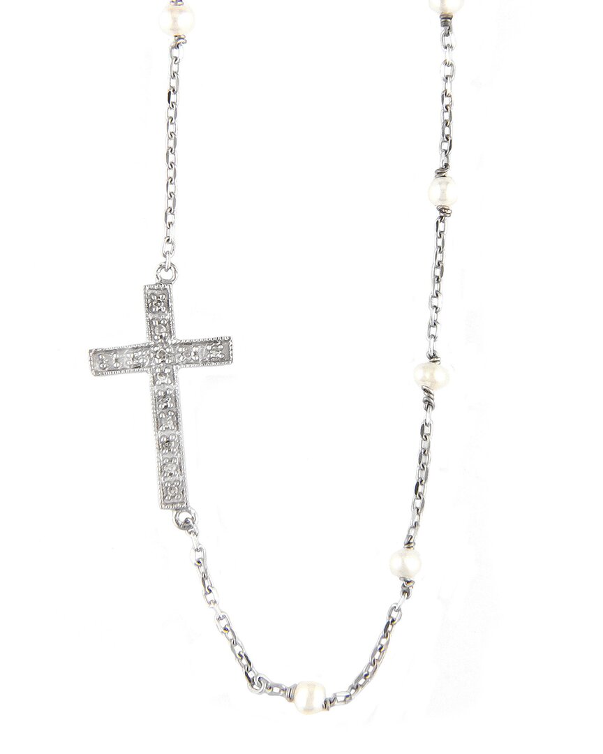 Gemstones Silver Diamond 3-4mm Pearl Cross Necklace