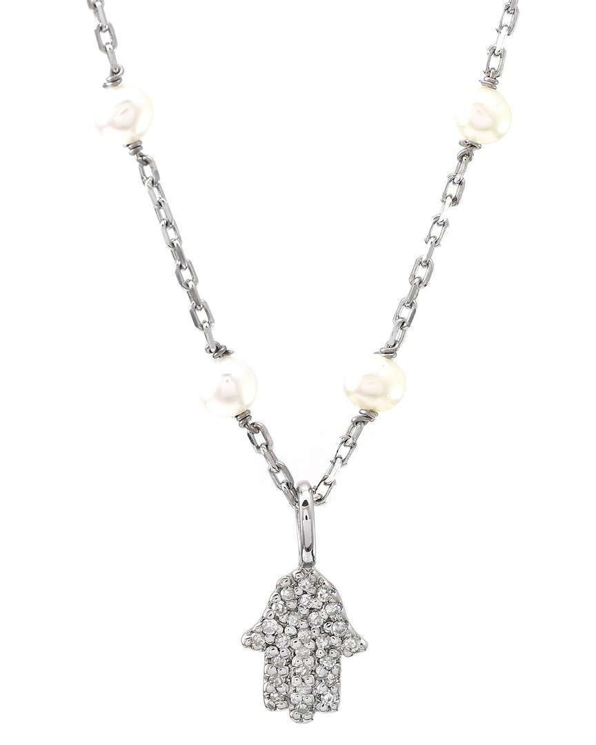 Gemstones Silver Diamond 3-4mm Pearl Hamsa Necklace