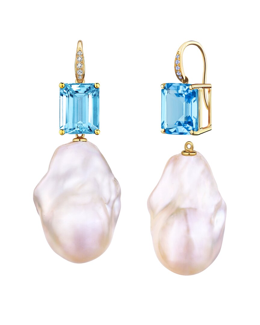 Kai Fine Jewelry 14K 7.65 ct. tw. Diamond & Blue Topaz & 16-17mm Pearl Drop  Earrings