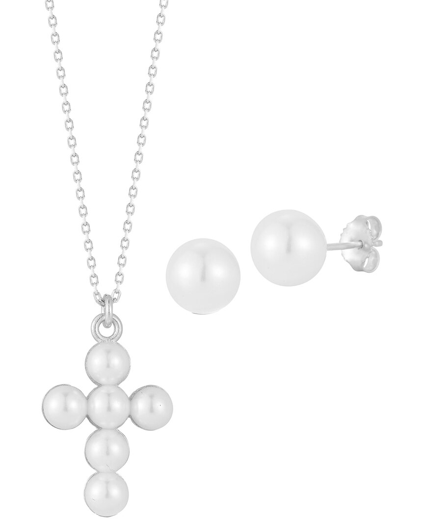 Glaze Jewelry Silver 5mm- 6mm Pearl Cross Necklace & Earrings Set