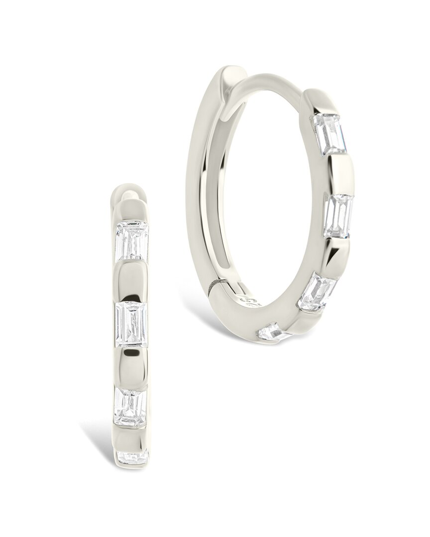 Sterling Forever Silver Cz Henley Baguette Micro Hoop Earrings