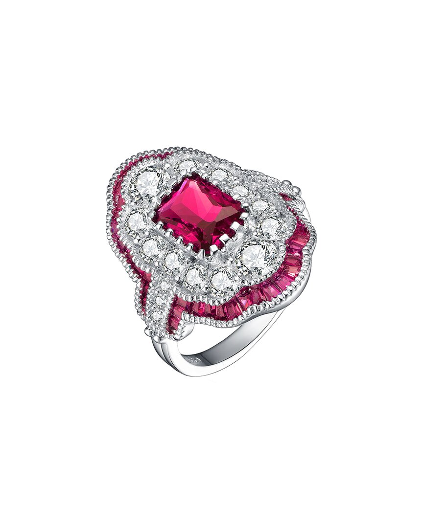 Genevive Sterling Silver White Gold Plated With Radiant And Baguette Colored Cubic Zirconia Cocktail Ring