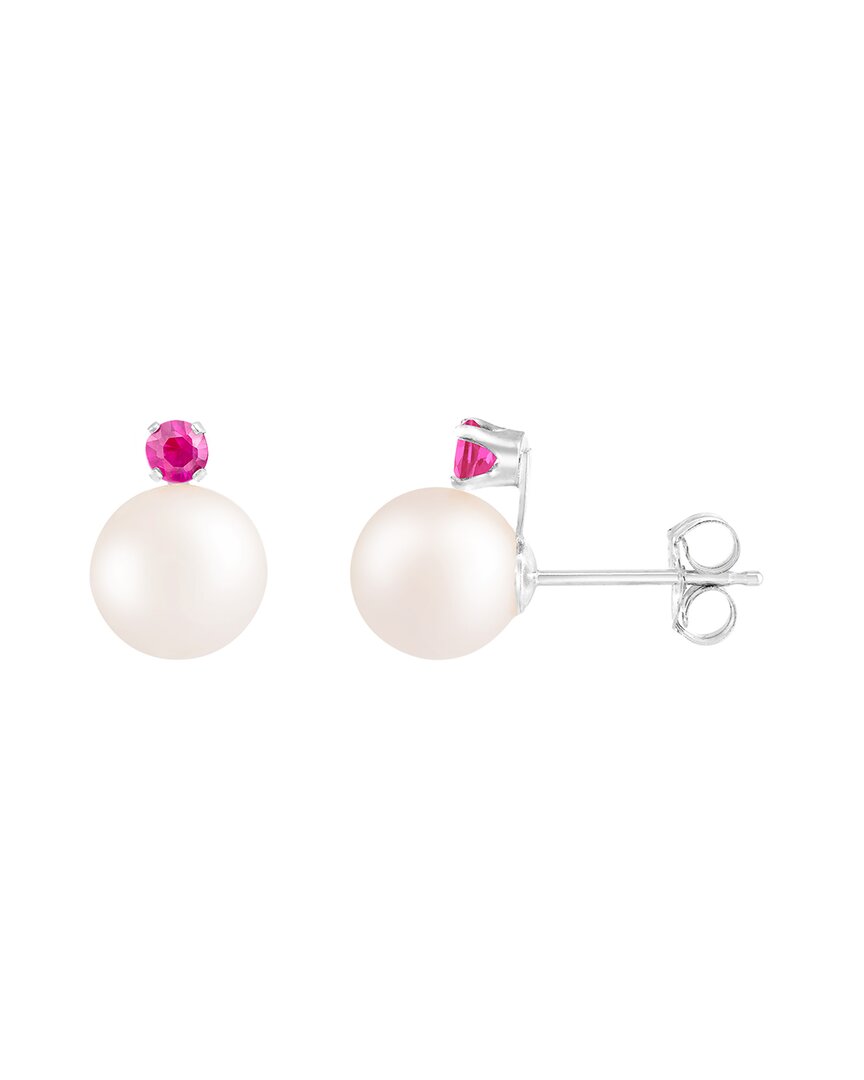 Splendid Pearls Vermeil Ruby 7-7.5mm Pearl Earrings