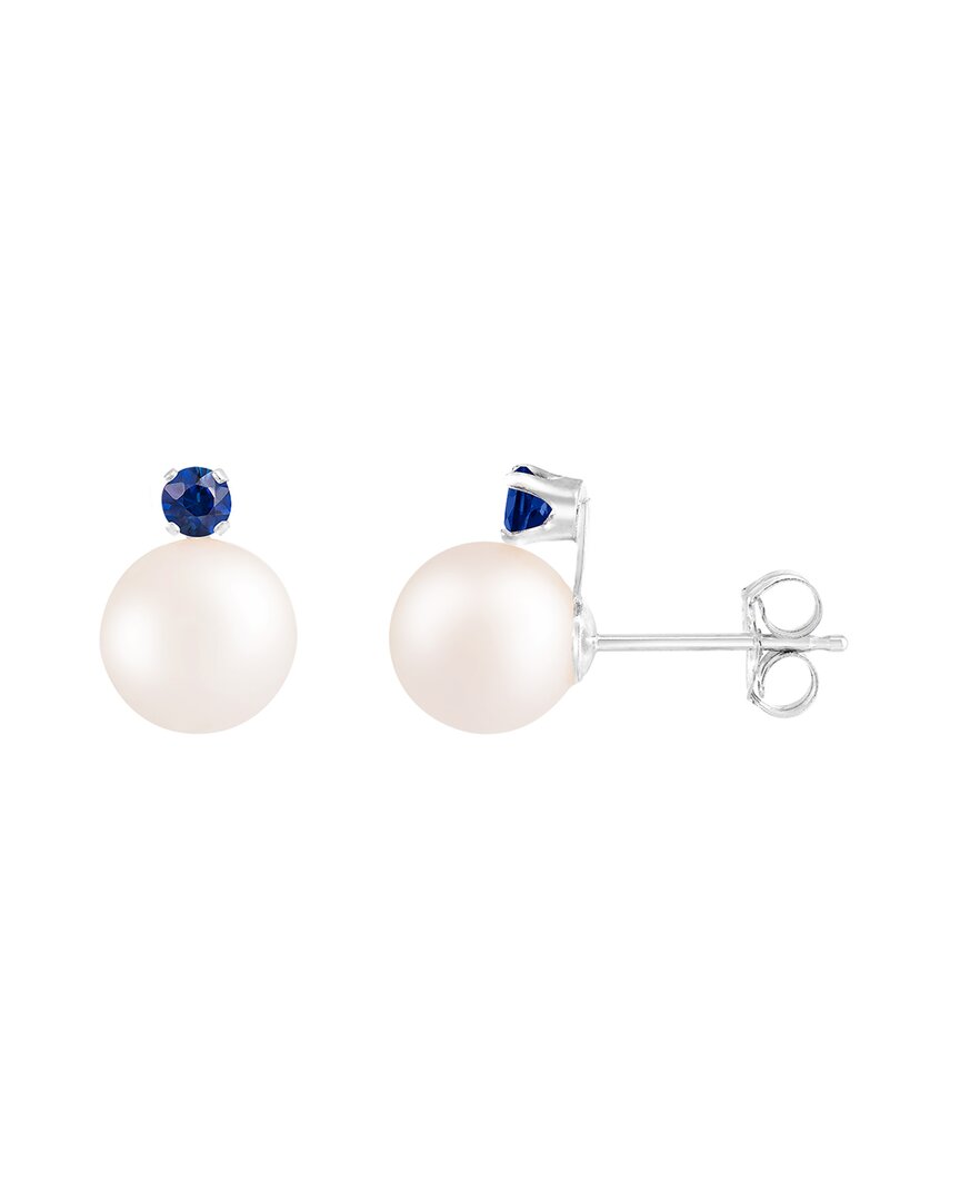 Splendid Pearls Vermeil Sapphire 7-7.5mm Pearl Earrings