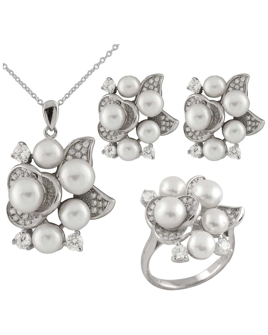 Splendid Pearls Silver 3-5mm Pearl Cz Pendant, Earrings, And Ring Set