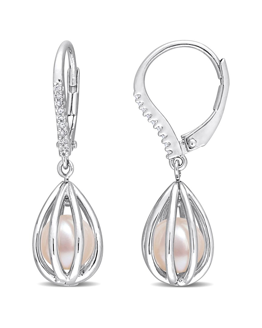 Rina Limor Silver Diamond 7-7.5mm Pearl Earrings