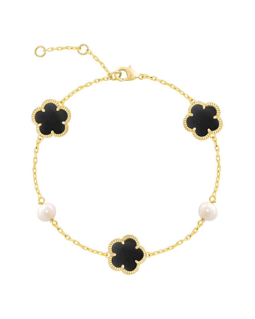 Jankuo 14k Plated Onyx & 6-8mm Pearl Station Bracelet