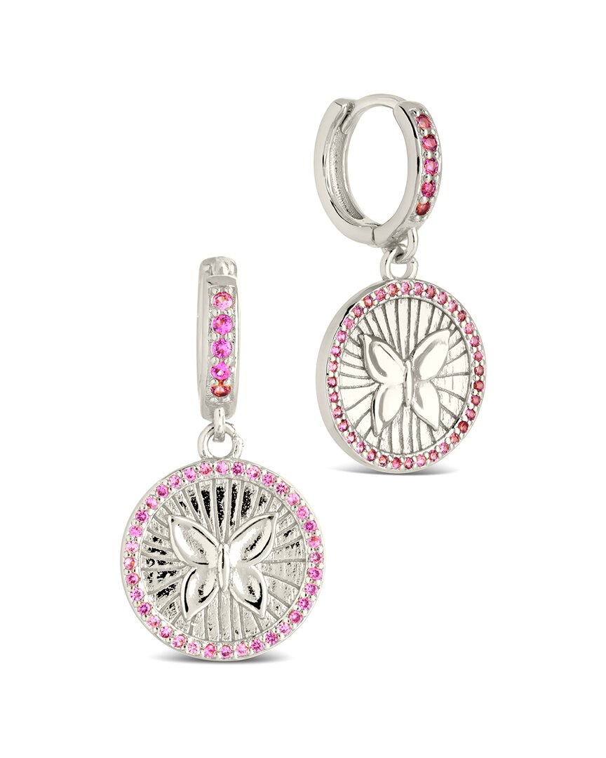 Sterling Forever Bindi Cz Butterfly Charm Hoop Earrings In Pink