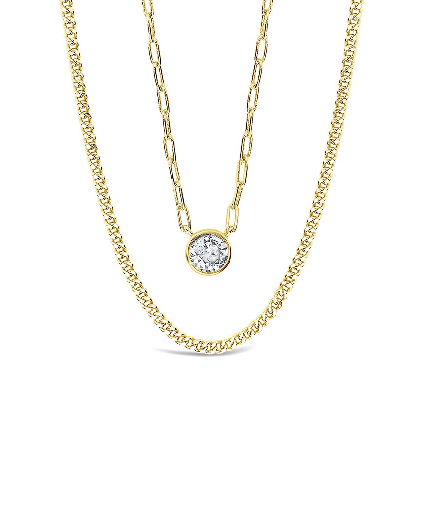 Sterling Forever Silver Cz Delicate 2 Layer Chain Bezel Charm Necklace