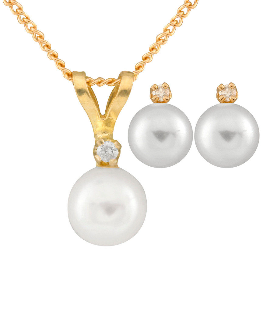 Splendid Pearls 14k 0.03 Ct. Tw. Diamond & 5-6mm Akoya Pearl Necklace & Earrings Set