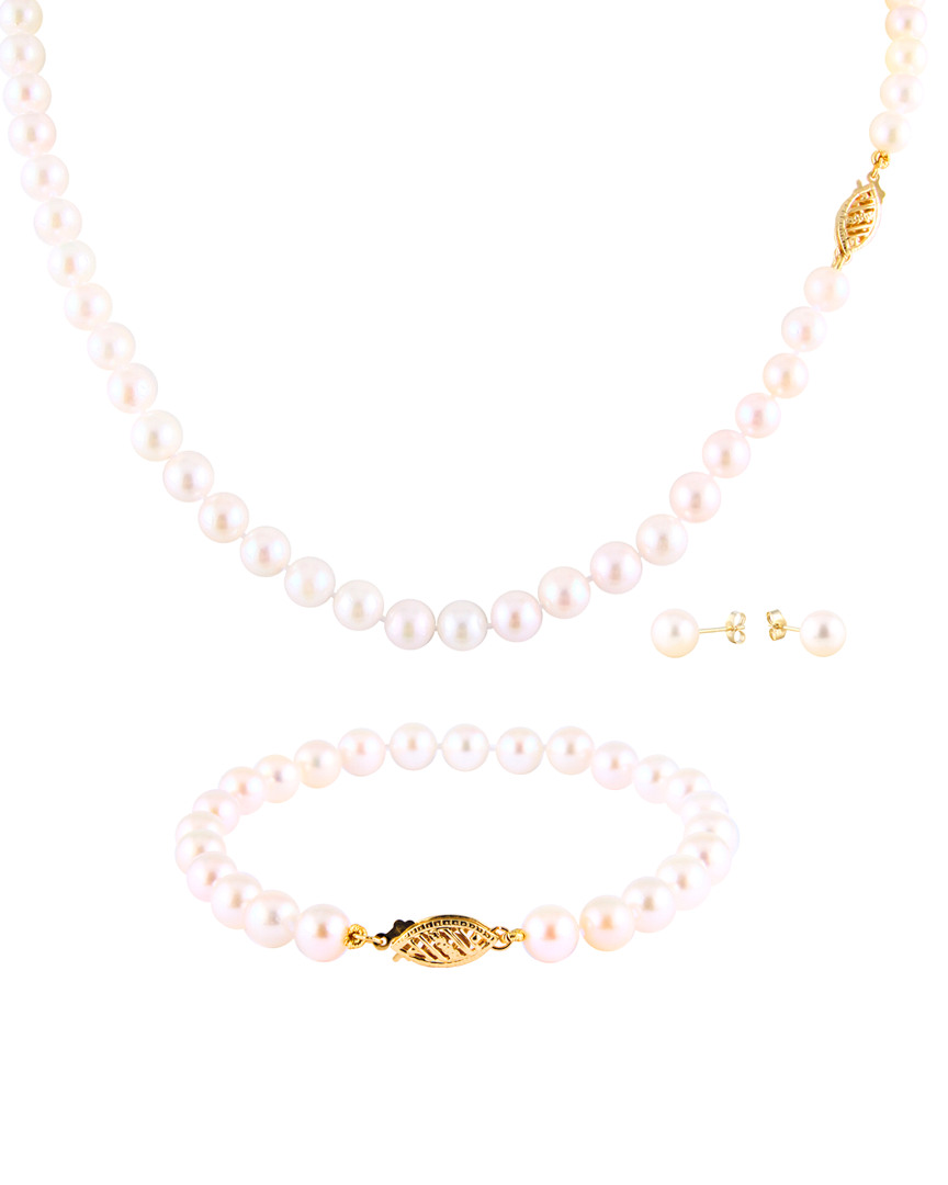 Splendid Pearls 14k 6-7mm Akoya Pearl Necklace, Bracelet, & Drop Earring Set