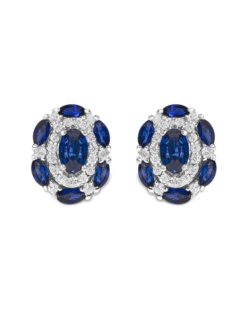 Haus Of Brilliance 14k White Gold Blue Sapphire And Diamond Vintage Style Stud Earrings In Blue