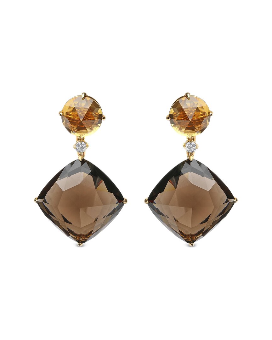 Haus Of Brilliance 18k Yellow Gold 1/5 Cttw Diamond With Round Yellow Citrine And 25mm Cushion Cut Smoky Quartz Gemston In Brown