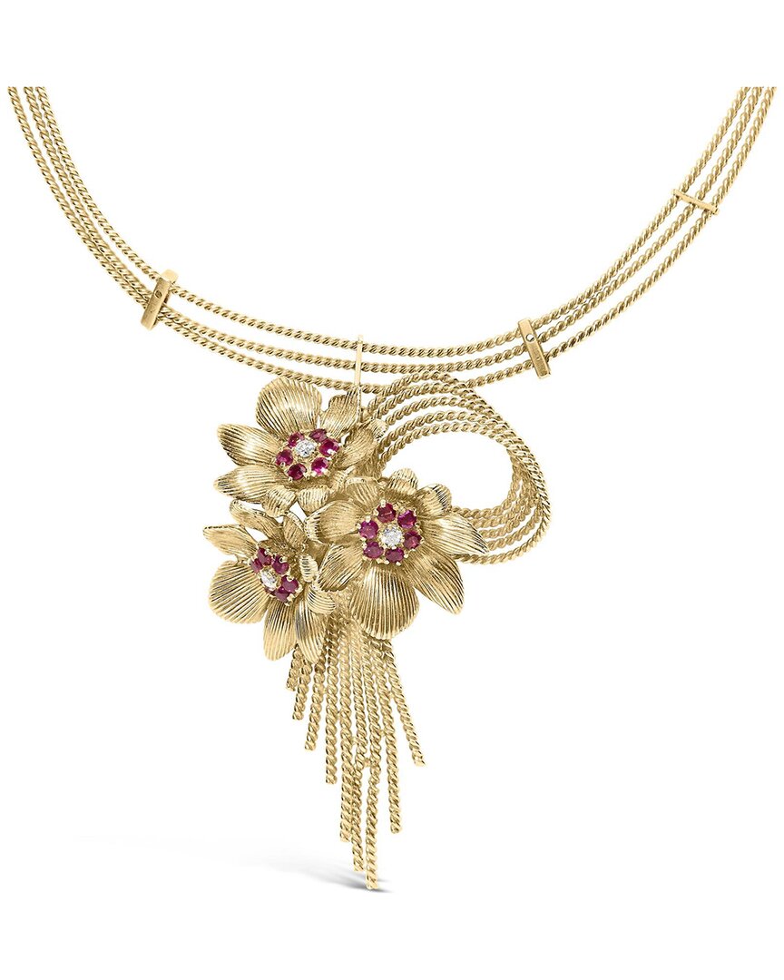 Haus Of Brilliance 18k Yellow Gold Diamond And Red Ruby Floral Cascade Statement Necklace With 16" Inch Bead Chain In Gold