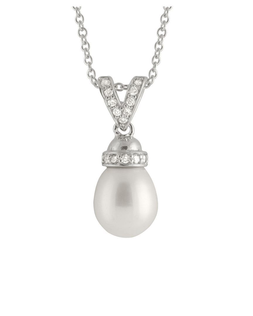 Splendid Pearls Rhodium Plated 8-8.5mm Pearl & Cz Necklace