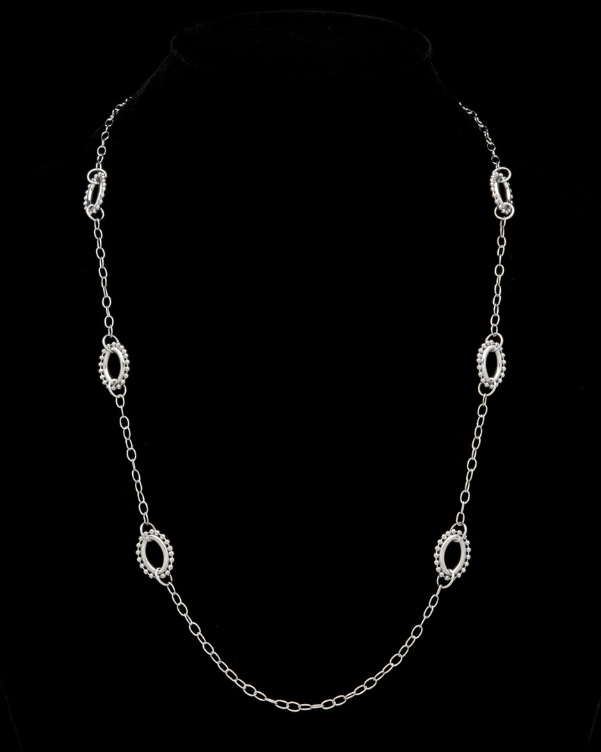 Italian Silver Beaded Edge Oval Station Necklace In Silver