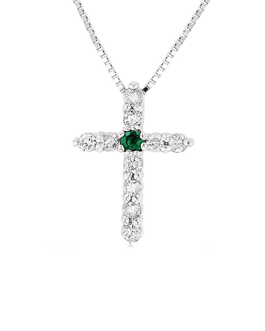 Suzy Levian 14k 0.18 Ct. Tw. Diamond & Emerald Cross Pendant Necklace