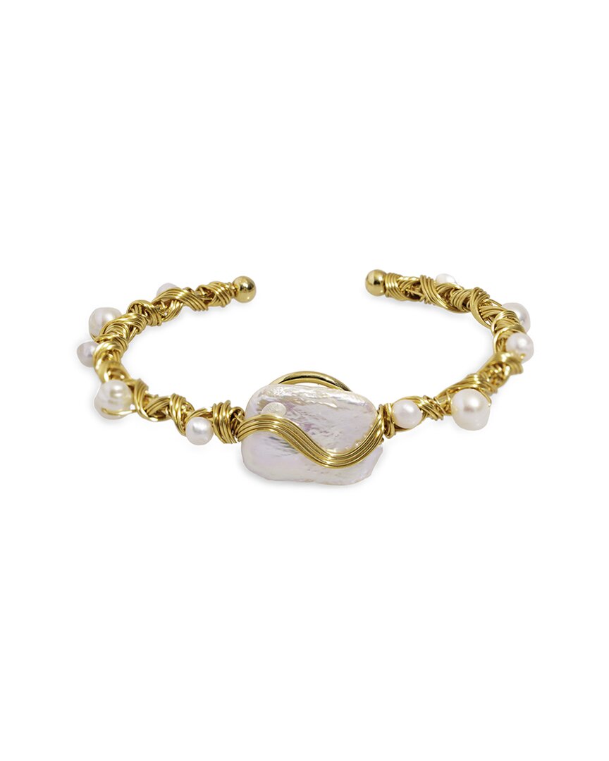 Ebru Jewelry Cleopatra Plated Turquoise 0.7in Pearl Cuff Bracelet In Gold