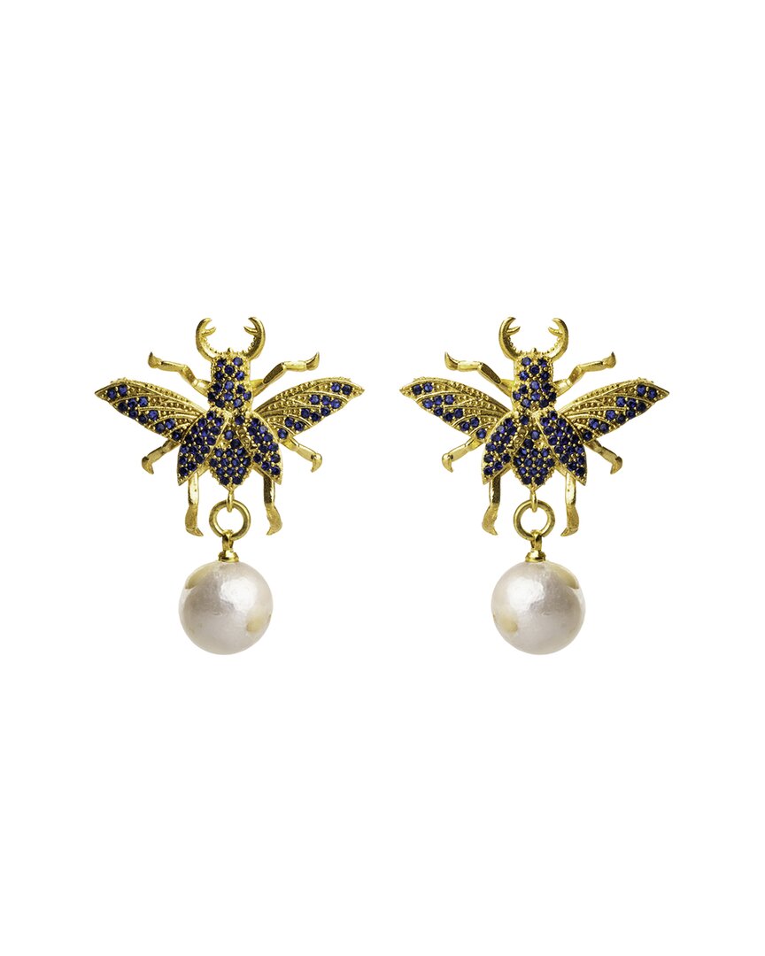 Ebru Jewelry Protection & Luck Plated 0.3mm Pearl Cz Drop Down Earrings In Neutral