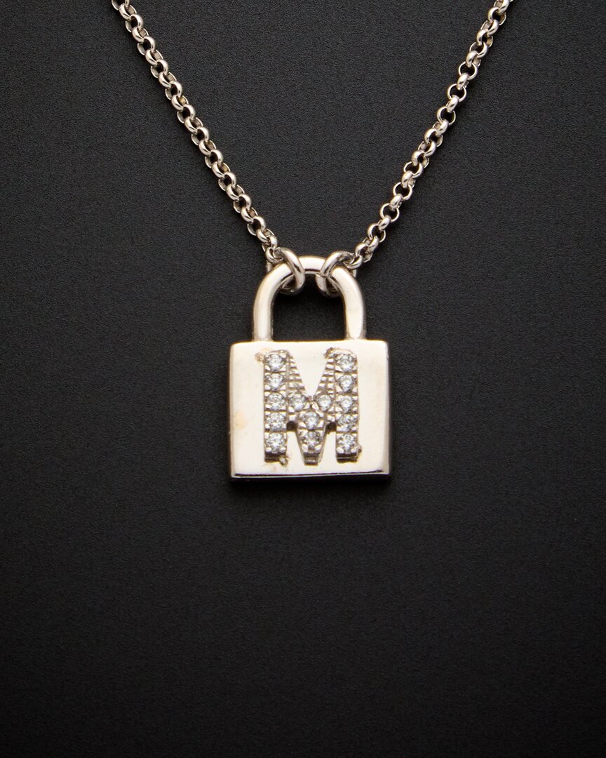 Italian Gold Over Silver 0.12 Ct. Tw. Diamond Padlock Initial Necklace In White