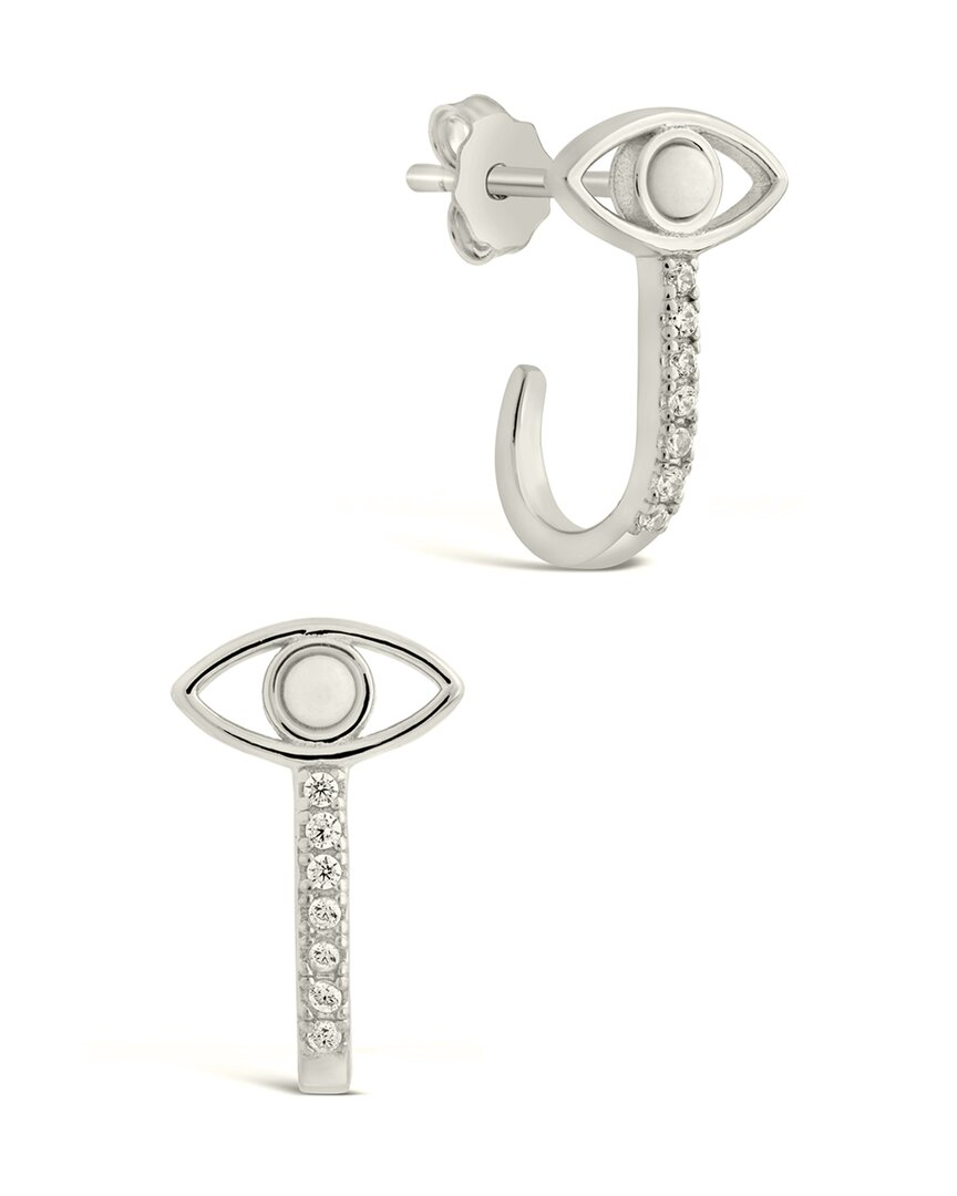 Sterling Forever Sterling Silver Opal Evil Eye Suspender Stud Earrings In Metallic