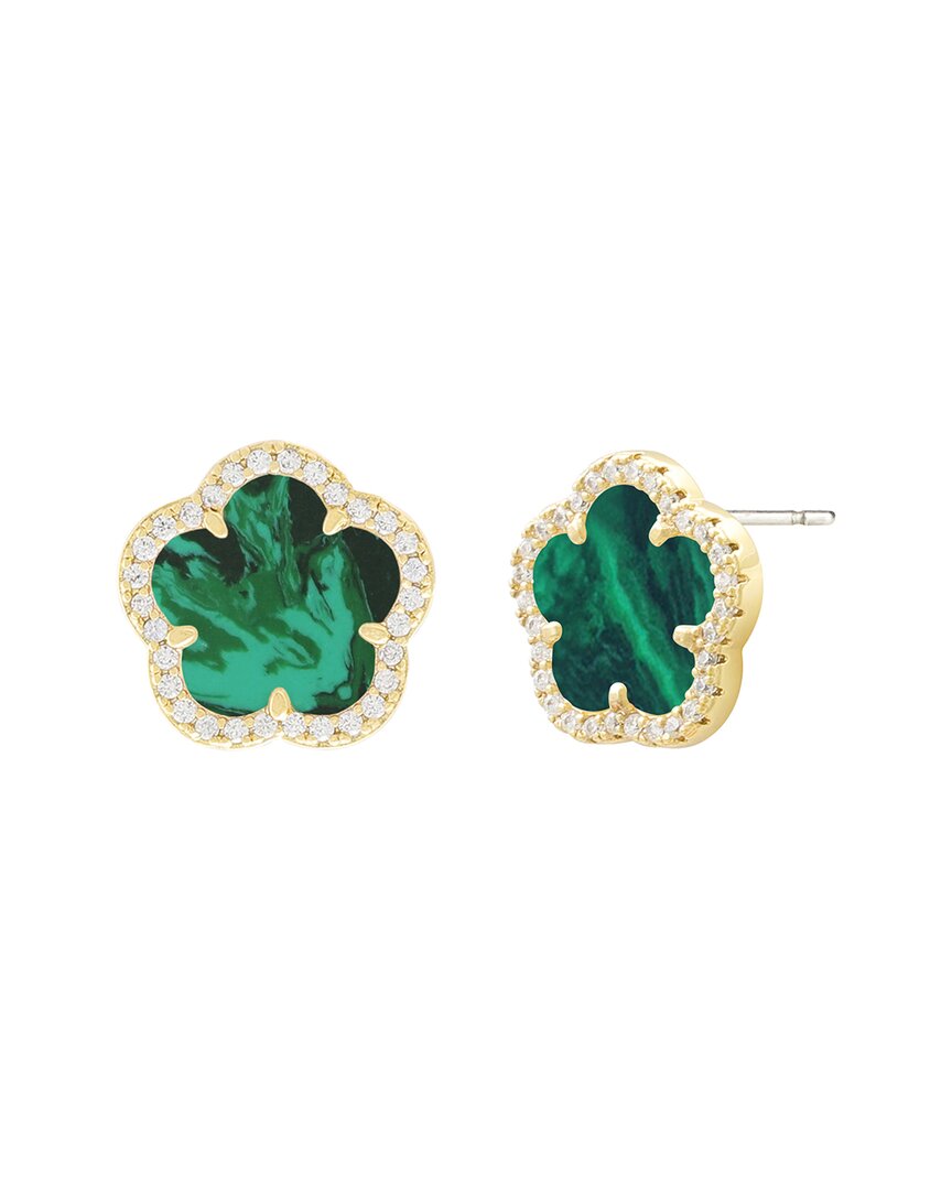 Jankuo Flower 14k Plated Synthetic Emerald Cz Stud Earrings In Gold