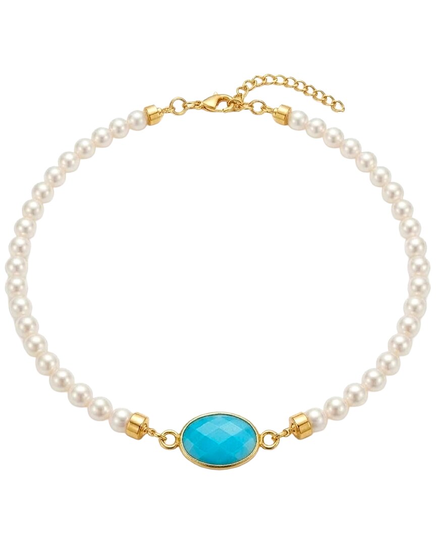 Liv Oliver 18k Plated 24.20 Ct. Tw. Turquoise & 6 - 7mm Pearl Choker Necklace In Metallic
