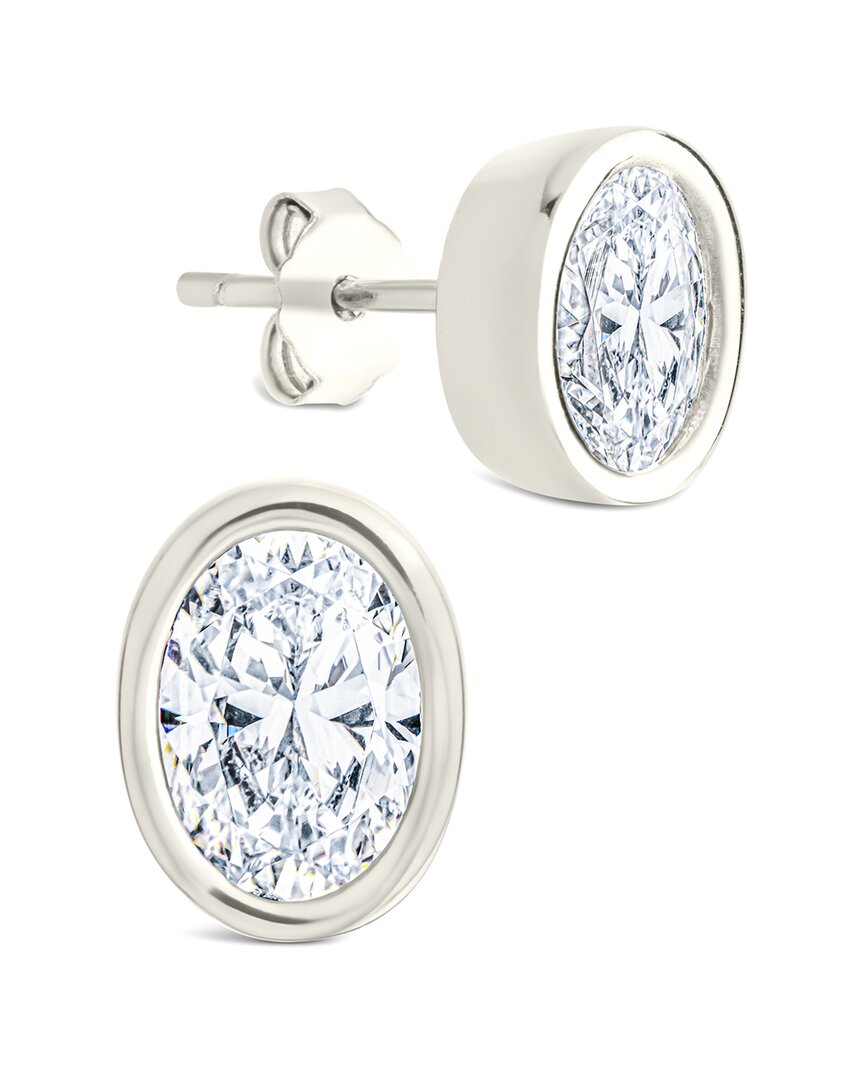 Sterling Forever Silver Cz Oval Cut Bezel Set Stud Earrings In Metallic