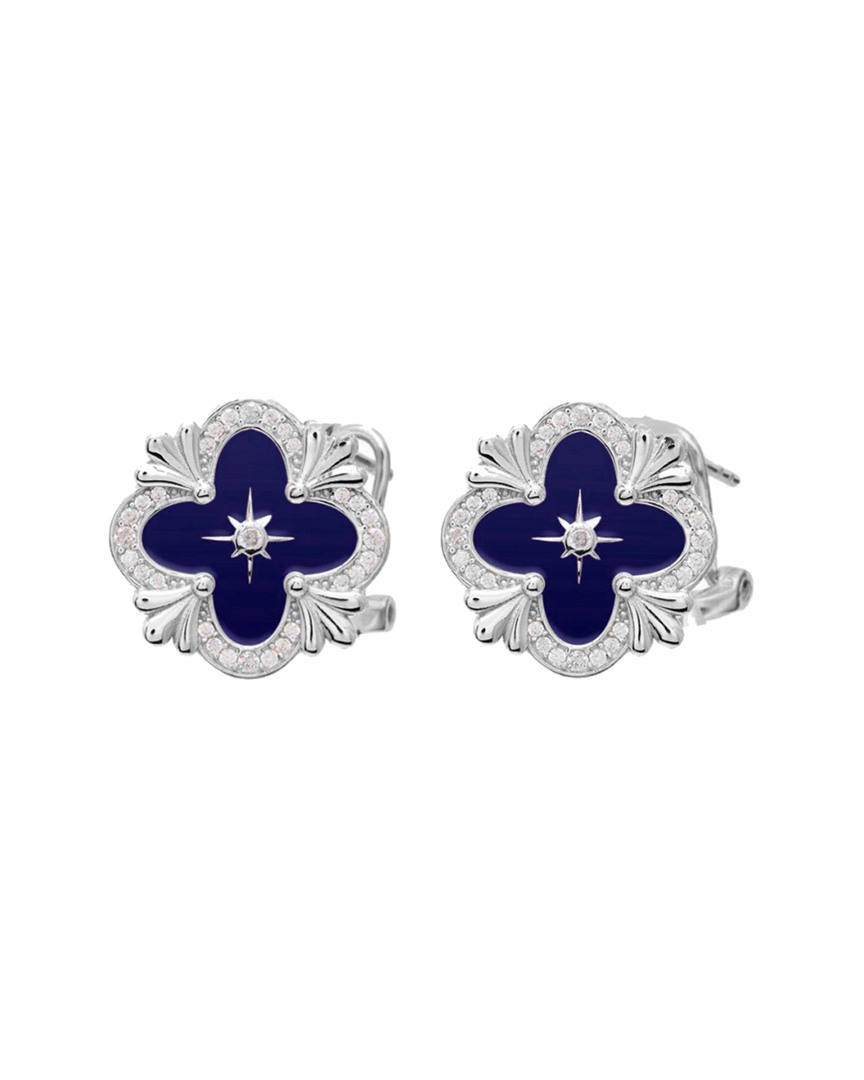 Gabi Rielle Silver Cz & Blue French Enamel Clover Earrings