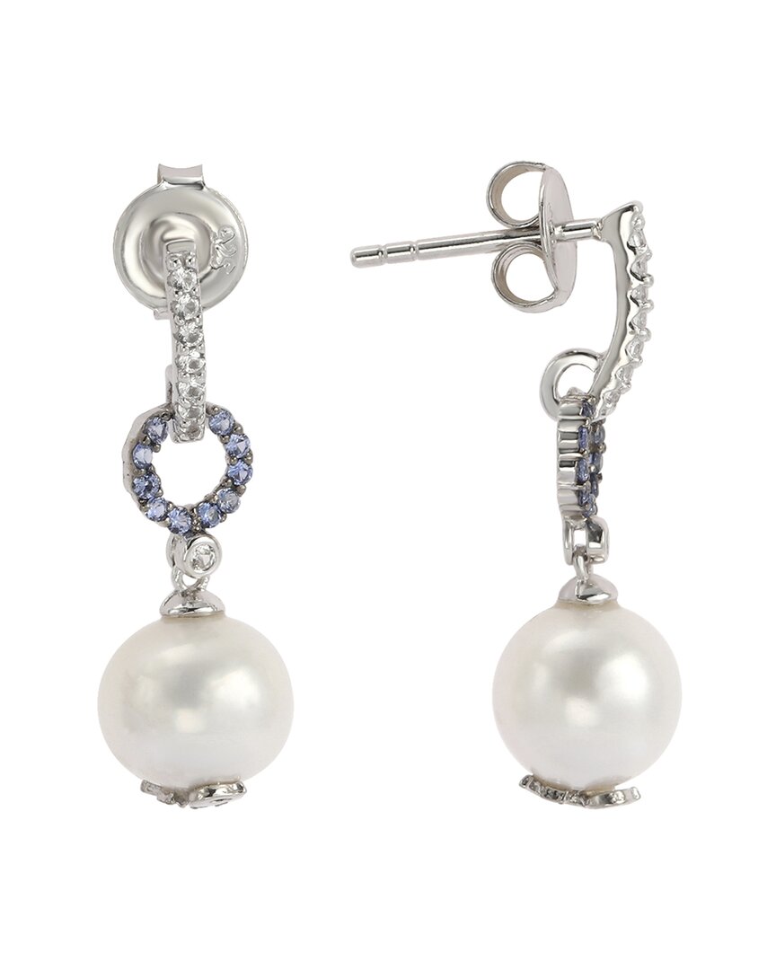 Suzy Levian Silver Sapphire Pearl Dangle Earrings In Silver