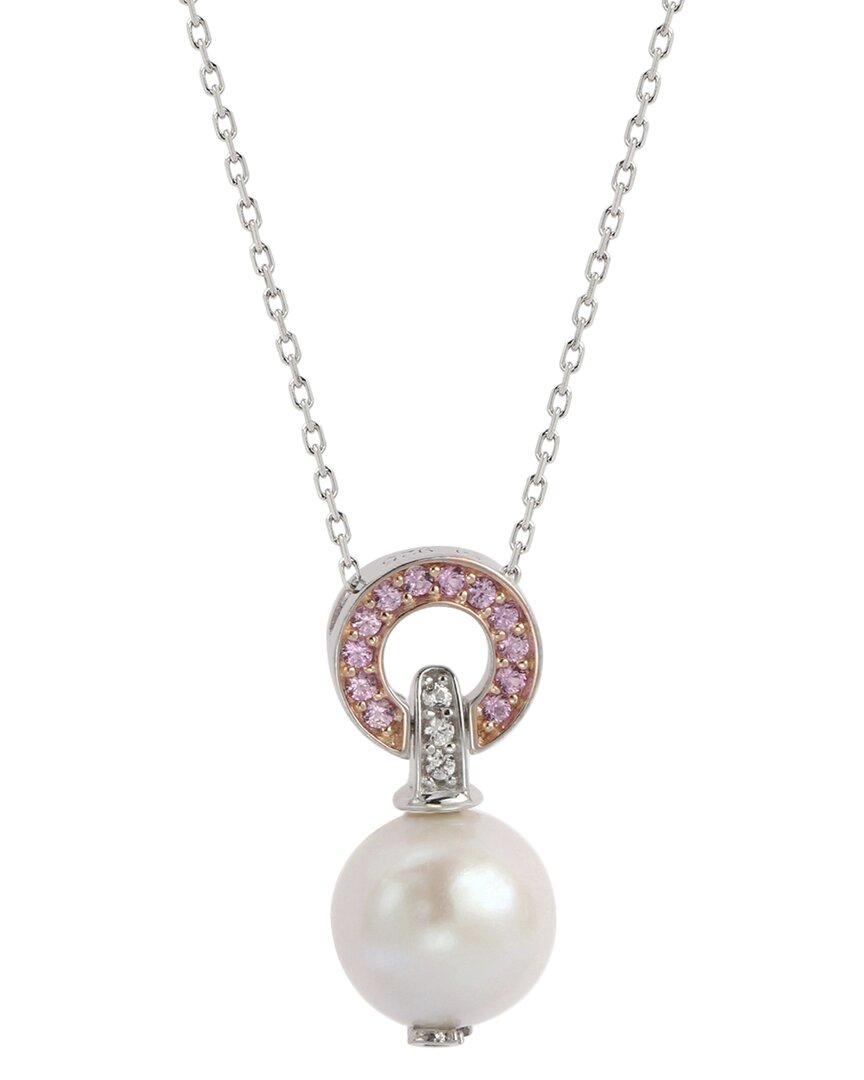 Suzy Levian Silver Sapphire Pearl Circle Pendant Necklace