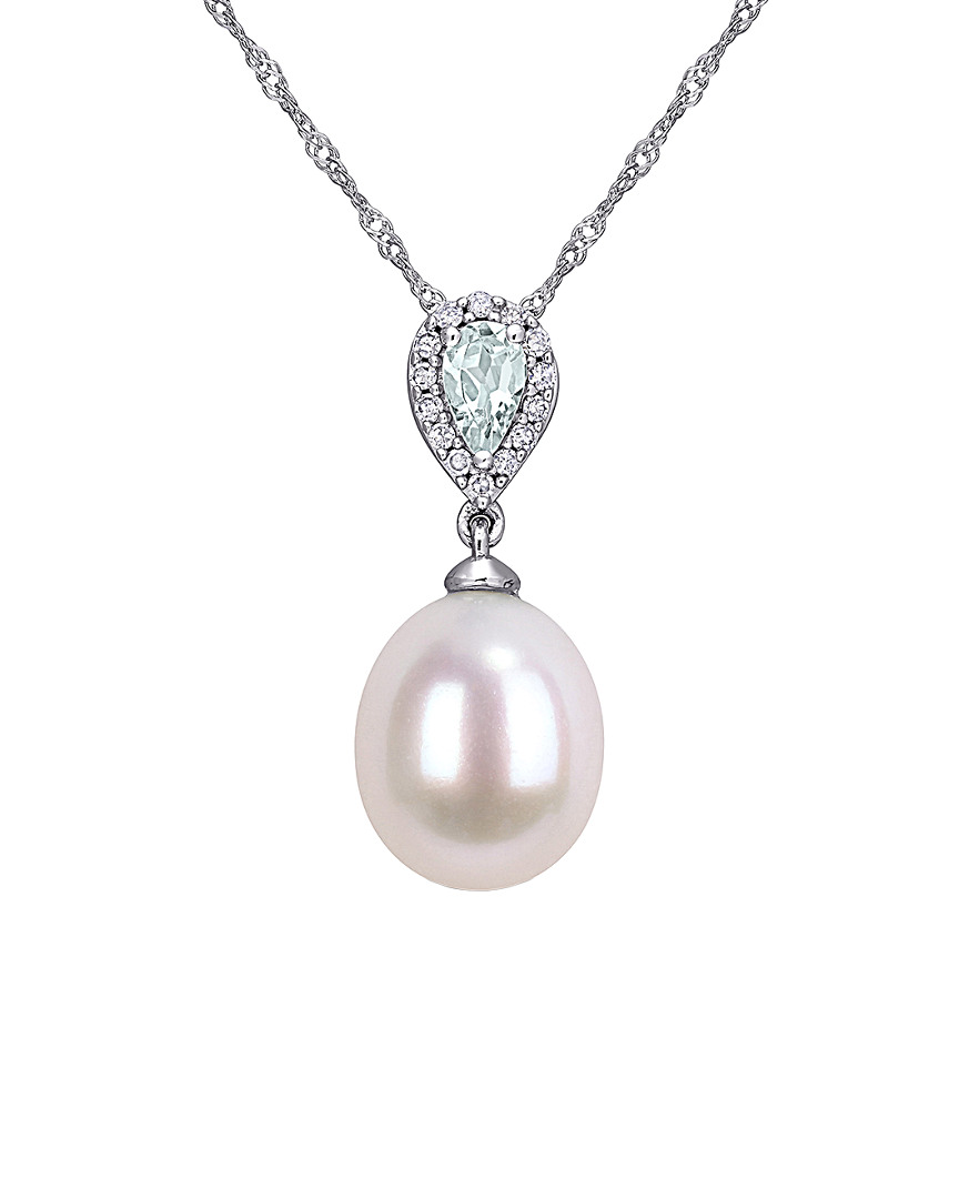 Rina Limor 10k 0.25 Ct. Tw. Diamond, Aquamarine, & 9-9.5mm Pearl Pendant Necklace