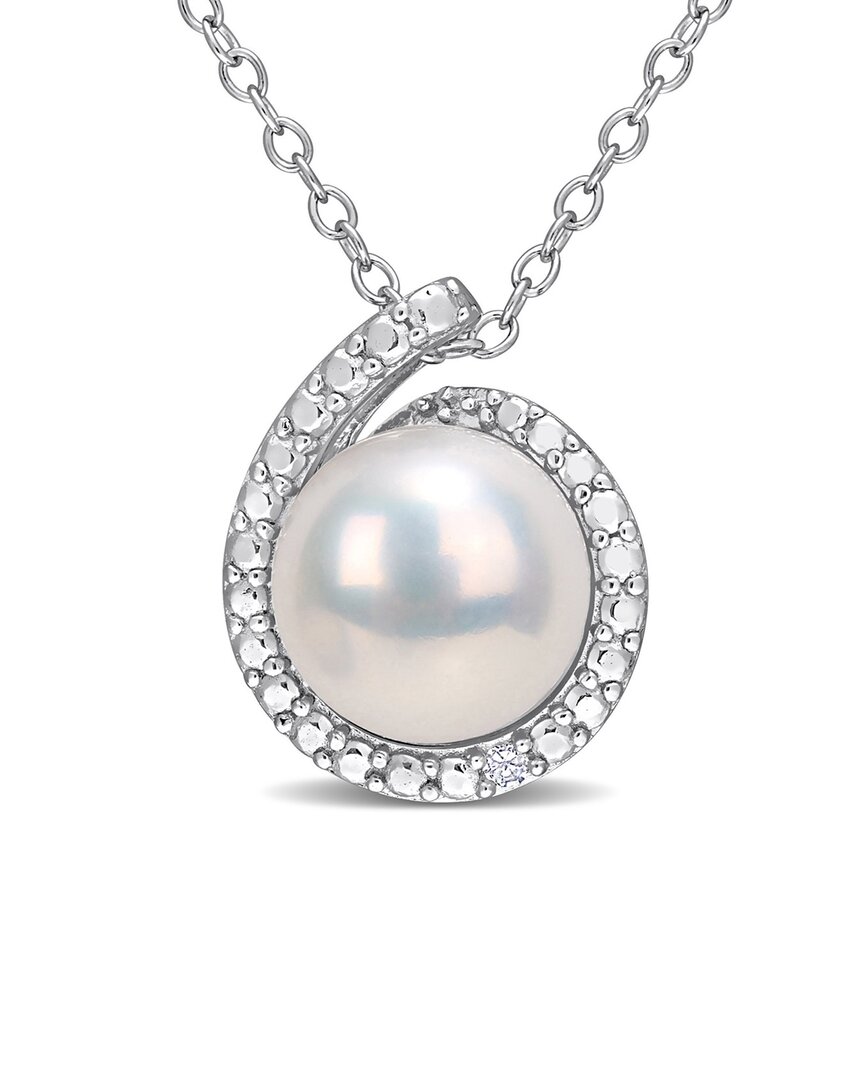 Rina Limor Silver 0.01 Ct. Tw. Diamond 8-8.5mm Pearl Halo Necklace In Brown