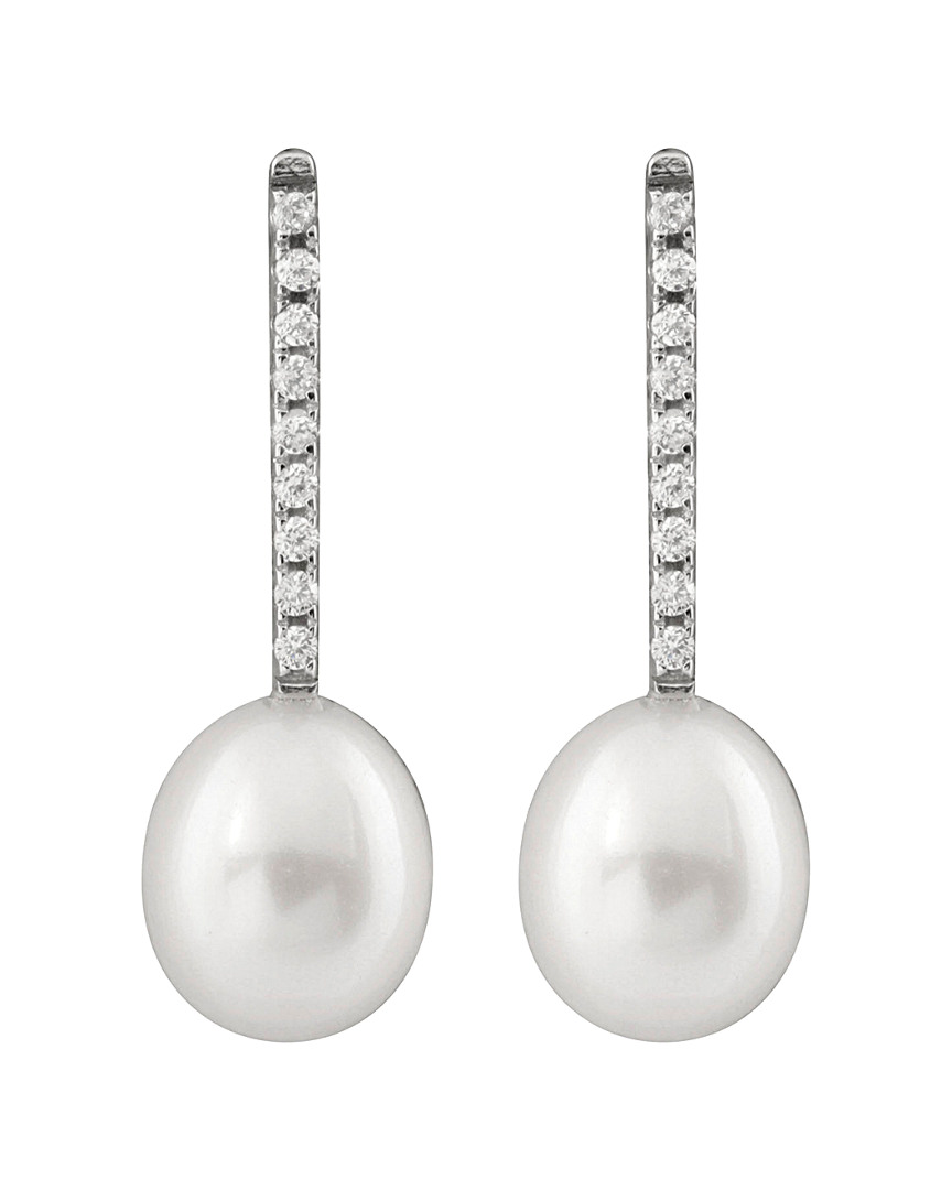 Splendid Pearls Rhodium Plated Silver 8-8.5mm Freshwater Pearl Drop Earrings