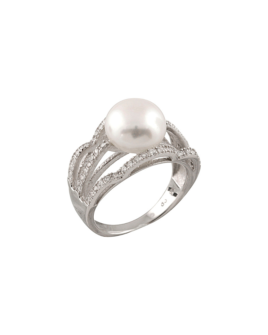 Splendid Pearls Rhodium Plated Silver 10-10.5mm Freshwater Pearl Ring