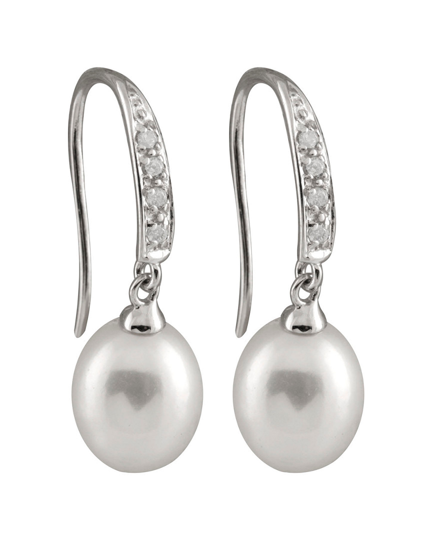 Splendid Pearls Rhodium Plated Silver 9-9.5mm Pearl Drop Earrings