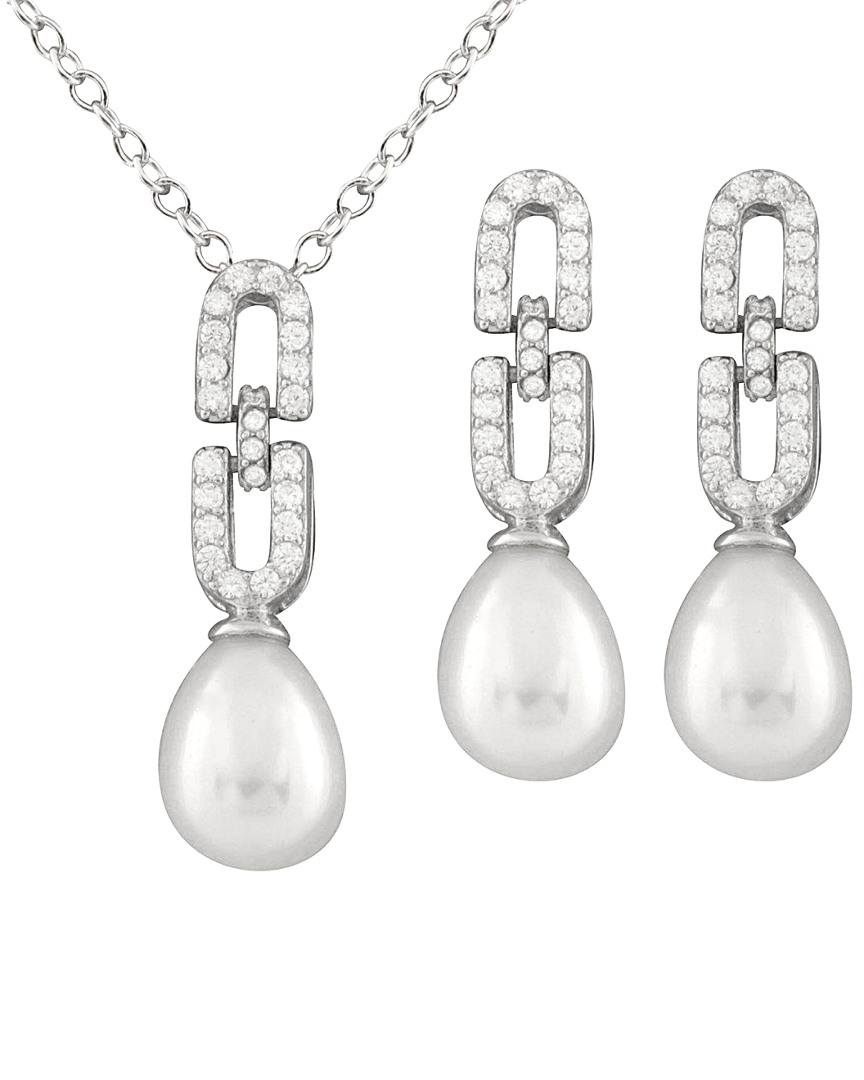 Splendid Pearls Rhodium Plated Silver 7.5-8mm Freshwater Pearl & Cz Drop Earrings & Necklace Set