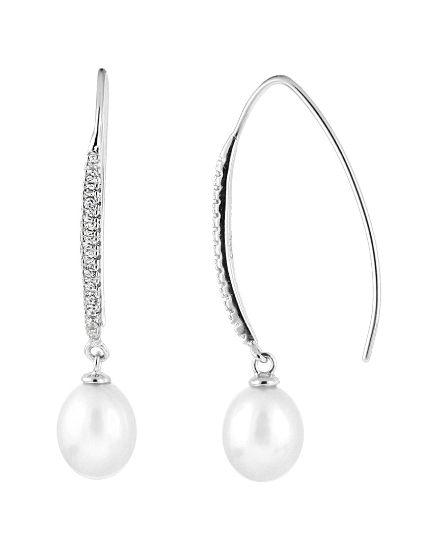 Splendid Pearls Rhodium Plated Silver 7-7.5mm Freshwater Pearl & Cz Drop Earrings