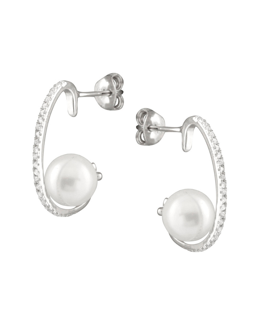 Splendid Pearls Rhodium Plated Silver 8-8.5mm Shell Pearl Drop Earrings